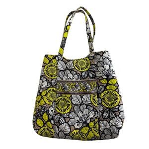 Vera Bradley Tote Bag Yellow White Black Floral Magnetic Snap Closure Quilted